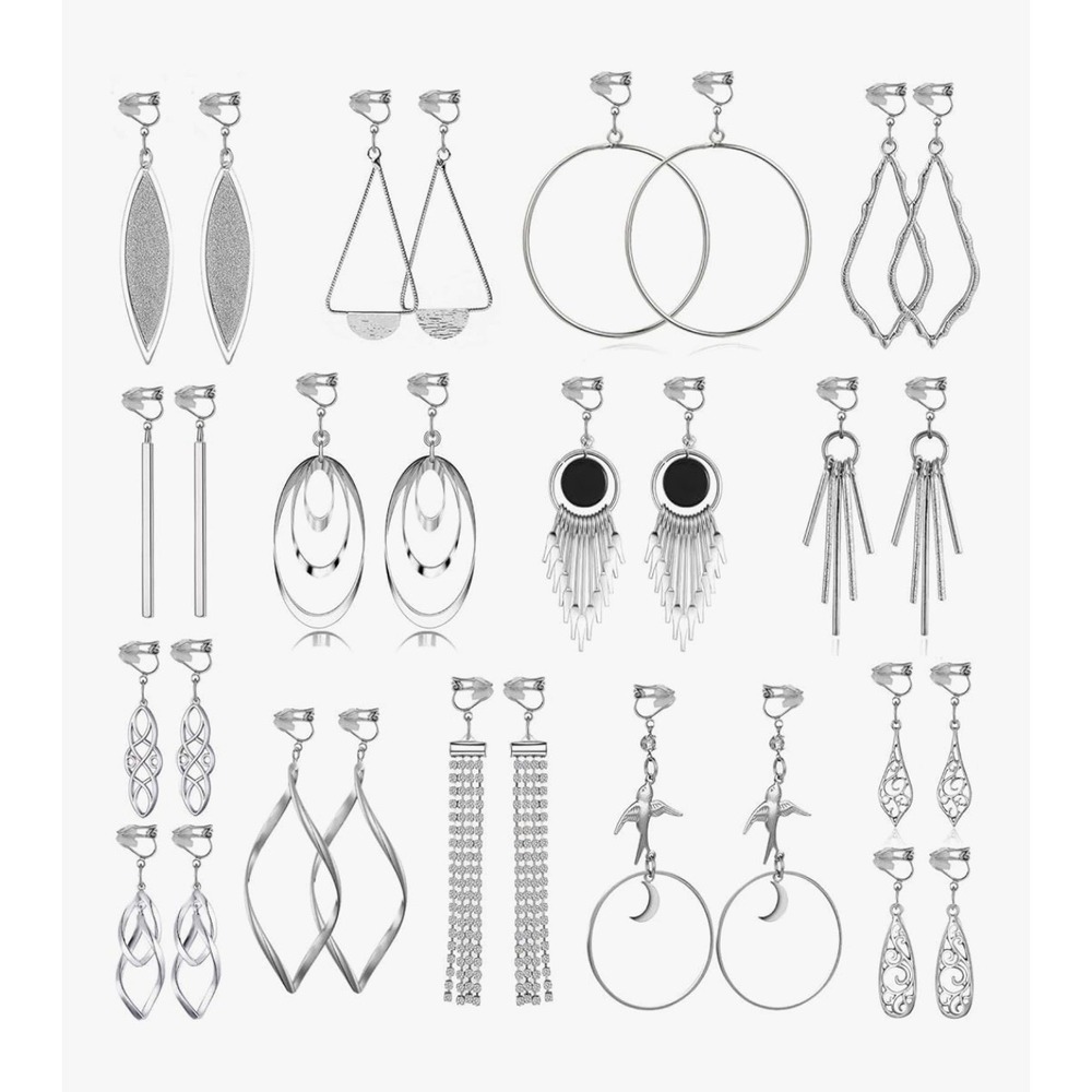 15 Clip-On‎ Earrings Set - Celtic Knot, Long Bar & Tear Drop Clip On Silver